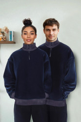 Trendyol Navy Blue Oversize/Wide Cut Stand Collar Color Block Anti-Pilling Polar Fleece Sweatshirt