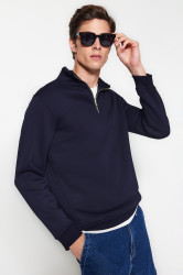 Trendyol Navy Blue Regular/Normal Cut Stand Collar Zippered Cotton Basic Fleece Inside Sweatshirt