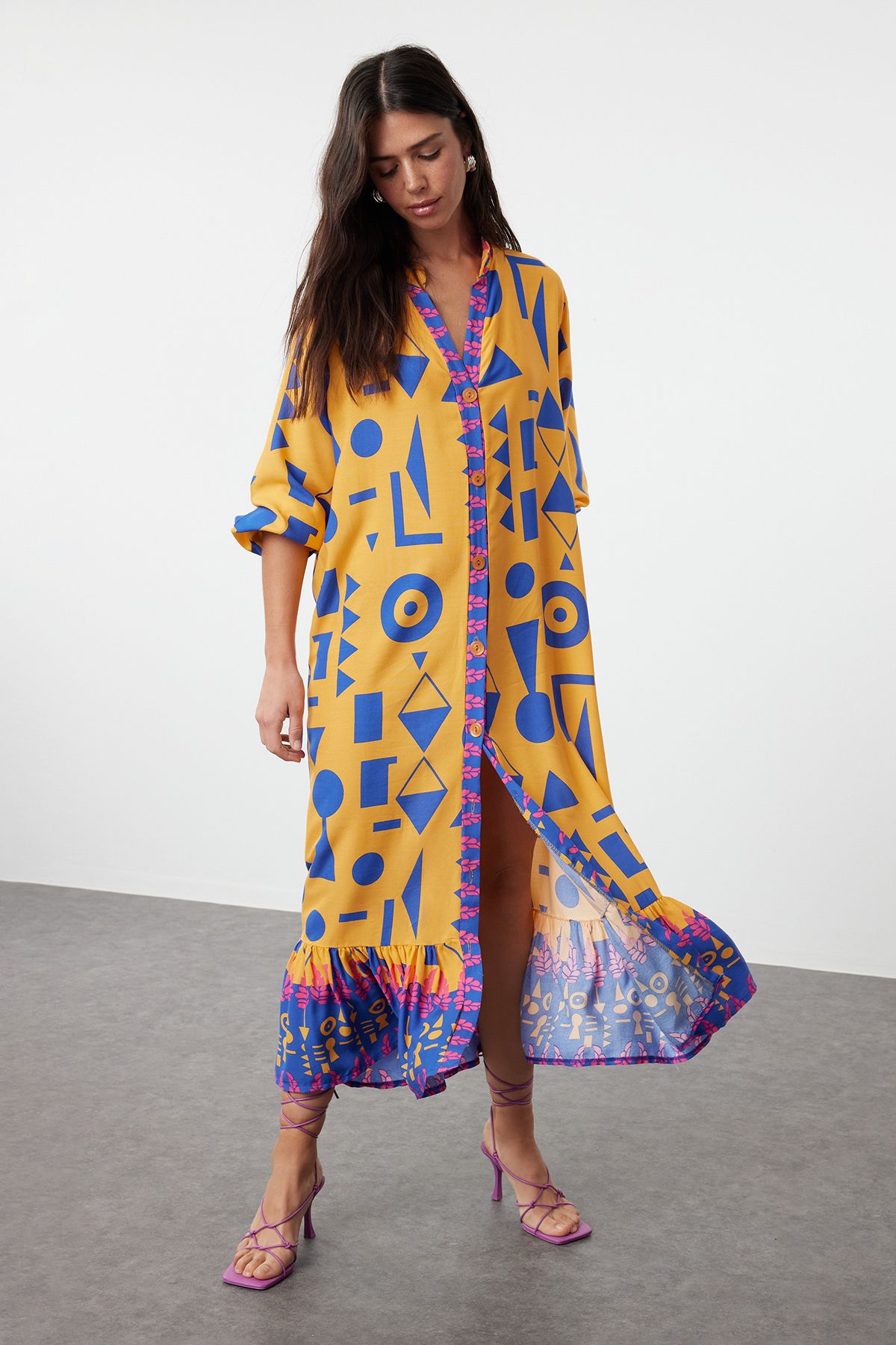 Trendyol Orange Printed Midi Wide Bow Border Pattern Detail Woven Dress Woven Dress
