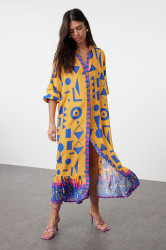 Trendyol Orange Printed Midi Wide Bow Border Pattern Detail Woven Dress Woven Dress