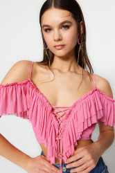 Trendyol Pink Crop Ruffle Knitted Blouse