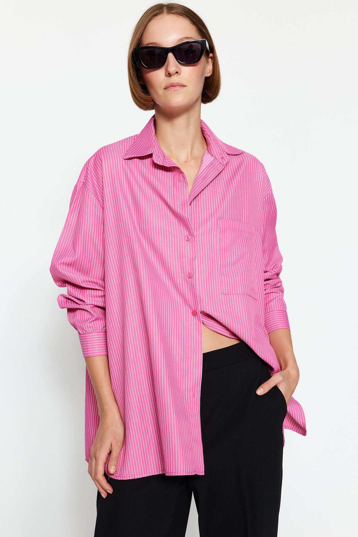 Trendyol Pink Oversize Wide Fit Striped Woven Shirt
