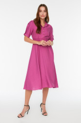 Trendyol Plum A-line Shirt Collar Guiped Midi Woven Dress