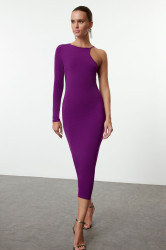 Trendyol Plum Fitted Asymmetrical Neck Knitted Chic Midi Dress