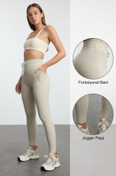 Trendyol Stone Brushed Soft Fabric Pocket and Tie Detailed Full Length Knitted Sports Leggings