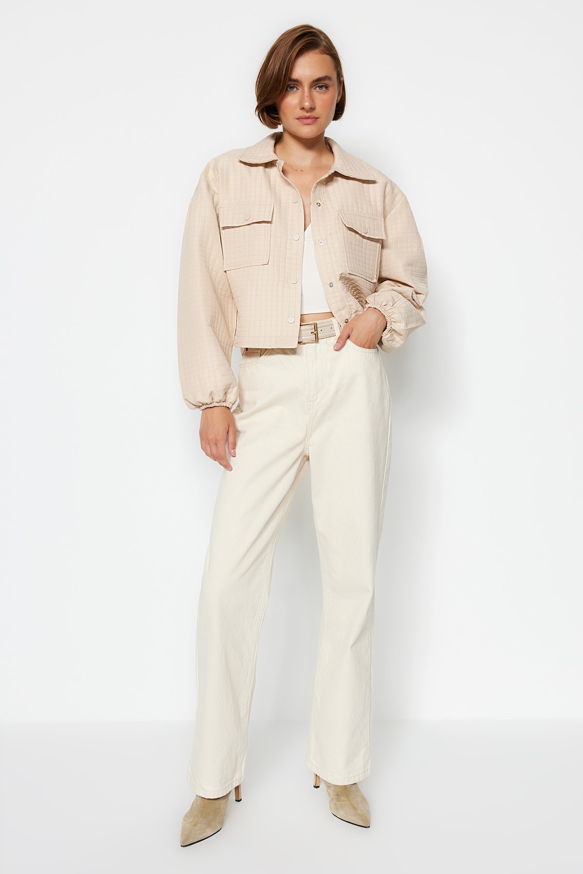 Trendyol Stone Double Pocket Crop tkaná bunda