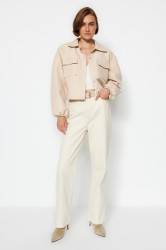 Trendyol Stone Double Pocket Crop tkaná bunda