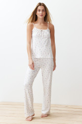 Trendyol White-Multicolored Floral Tied and Rope Suspender Knitted Pajama Set