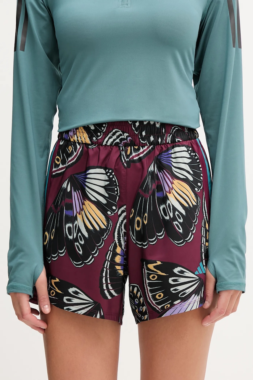 Tréninkové šortky adidas Performance x Farm Rio dámské, vínová barva, high waist, JL7005