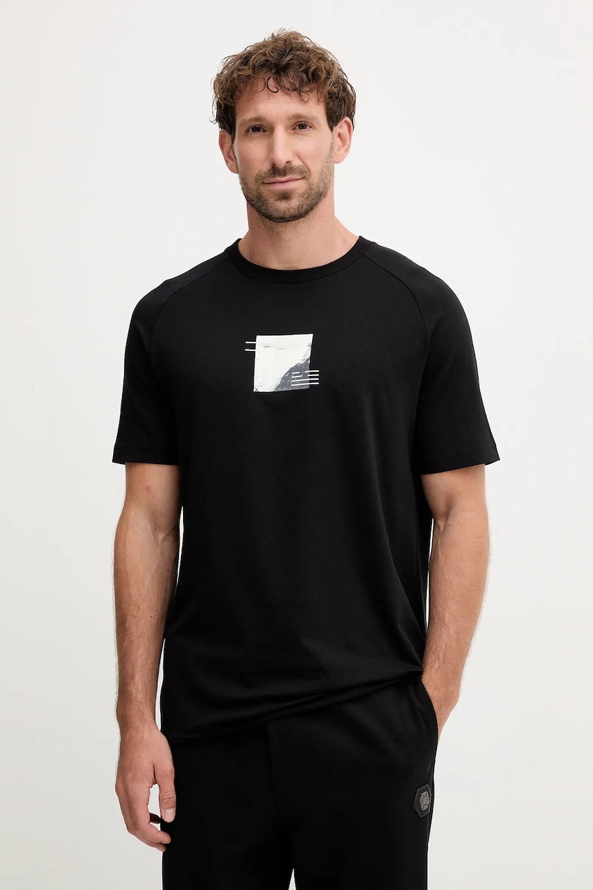 Tričko BOSS Green Tee Stripe Zone pánské, černá barva, s potiskem, 50548093