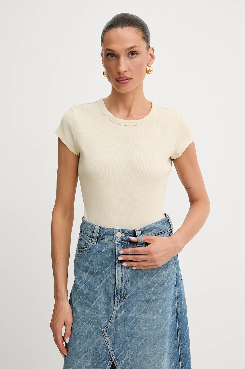 Tričko BOSS Orange dámské, béžová barva, odkrytá záda, 50536871