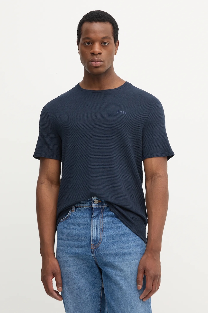 Tričko BOSS Rib T-Shirt pánské, tmavomodrá barva, 50509328