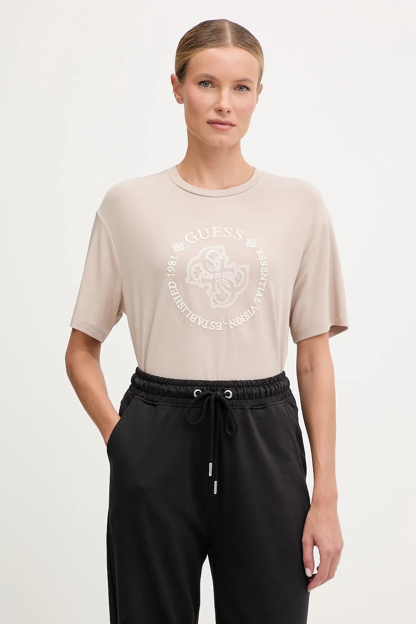 Tričko Guess CARLA dámské, béžová barva, V5YI05 KCOA2