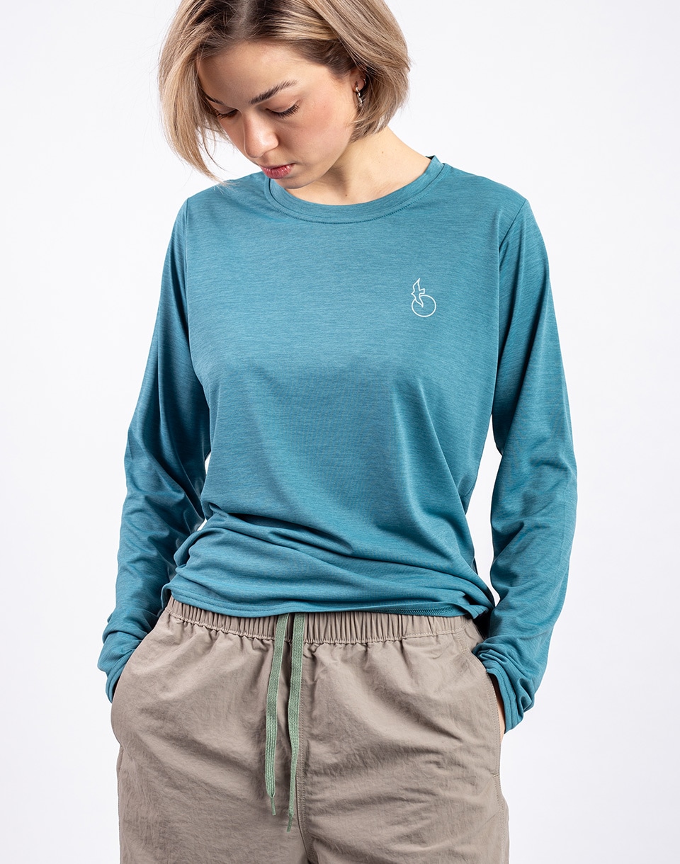 Tričko Patagonia W's L/S Cap Cool Daily Graphic Shirt - Waters Swelldrifter: Wetland Blue X-Dye