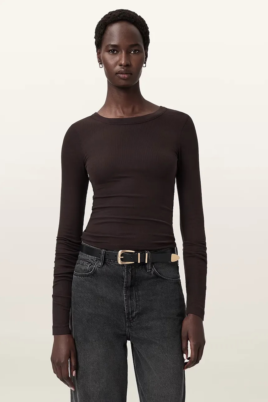 Tričko s dlouhým rukávem AllSaints hnědá barva, W270JB