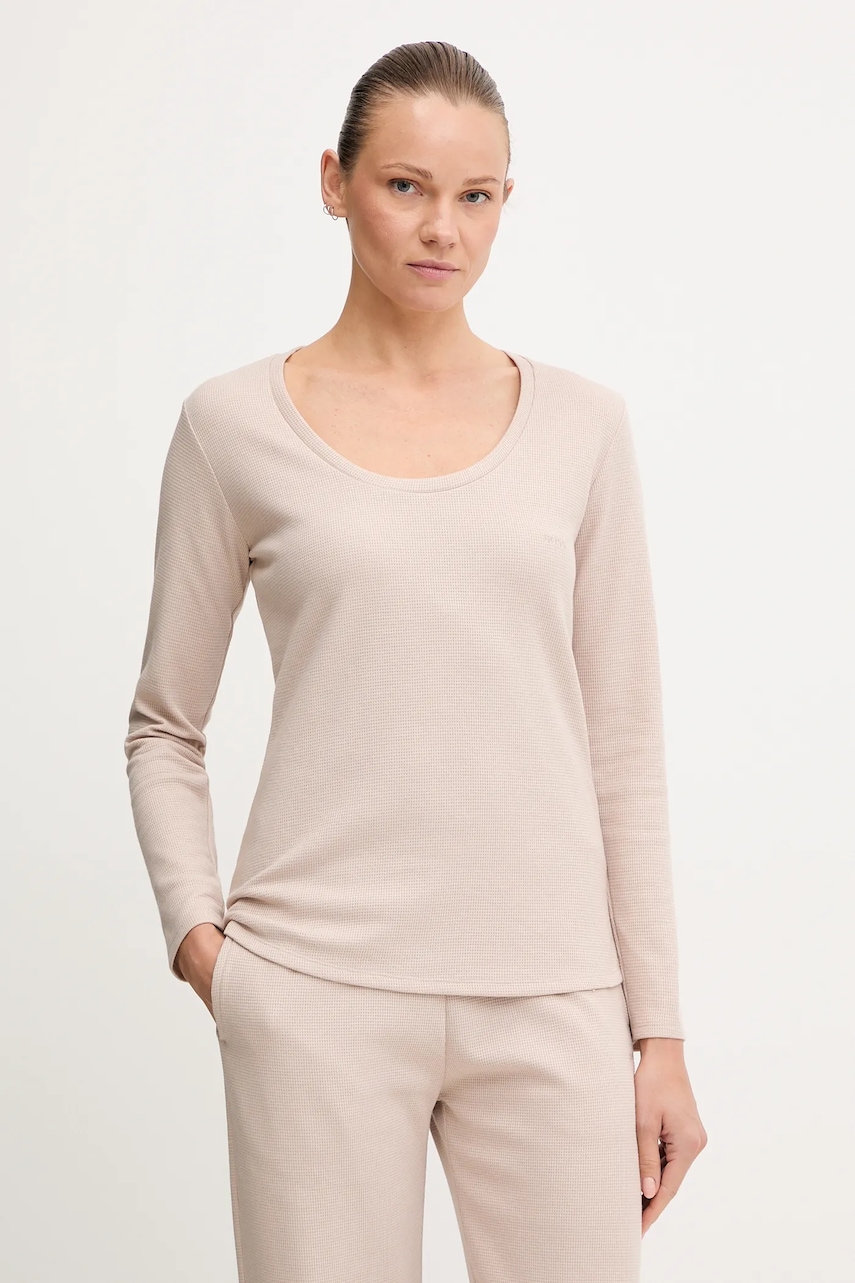 Tričko s dlouhým rukávem BOSS Waffle_LS-Shirt CN béžová barva, 50550316