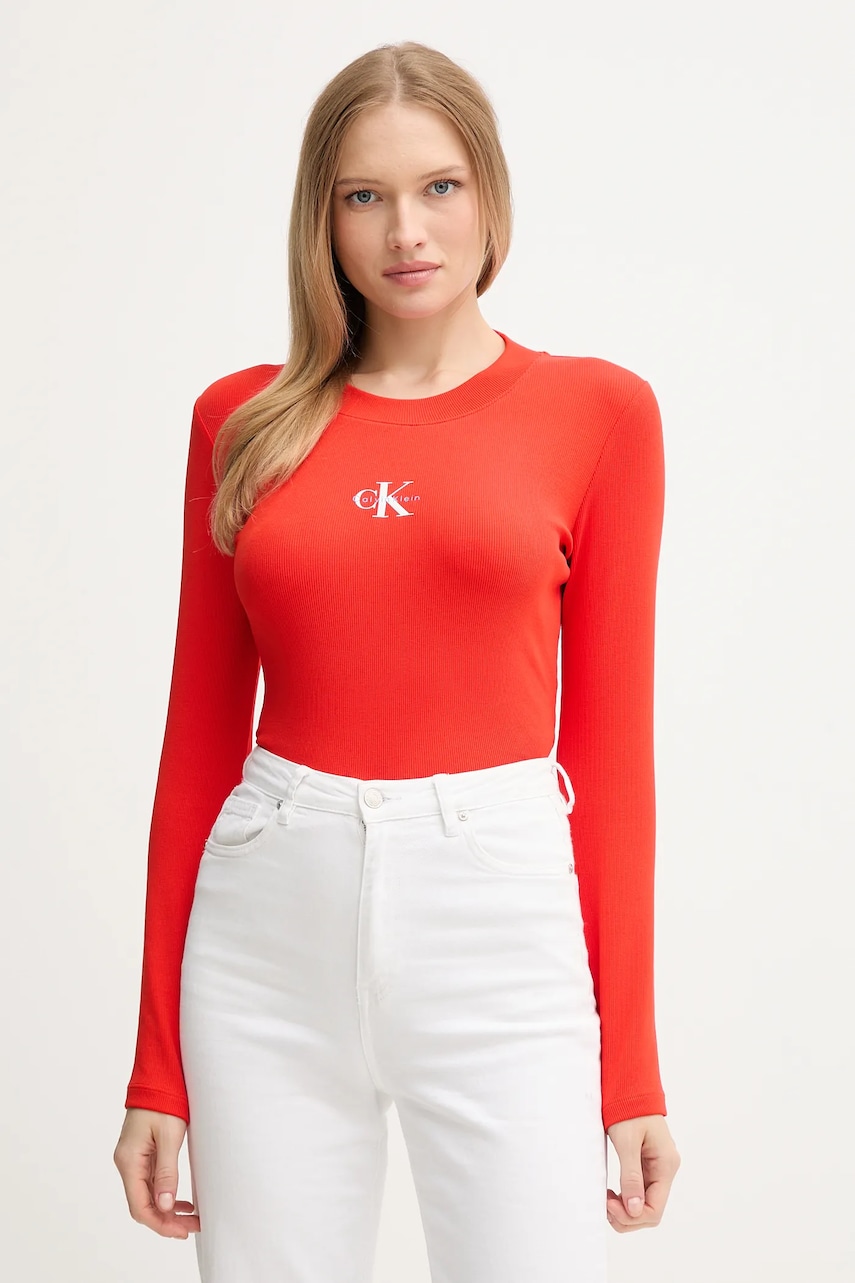 Tričko s dlouhým rukávem Calvin Klein Jeans červená barva, LV047A803G