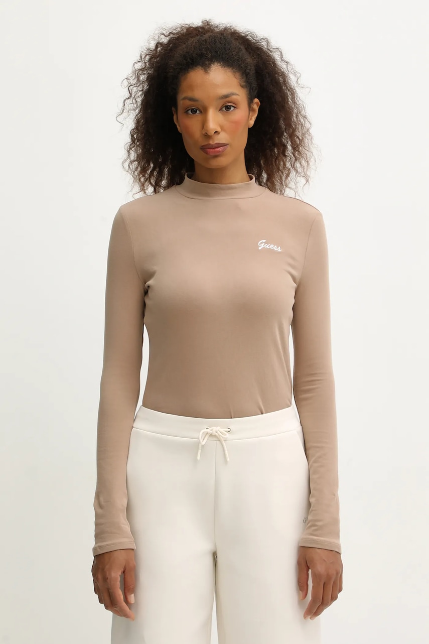 Tričko s dlouhým rukávem Guess ALBA béžová barva, s pologolfem, V5BP10 KCBF1