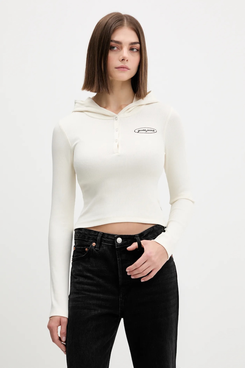 Tričko s dlouhým rukávem Guess Jeans dámské, béžová barva, W5YP39 KA0H1