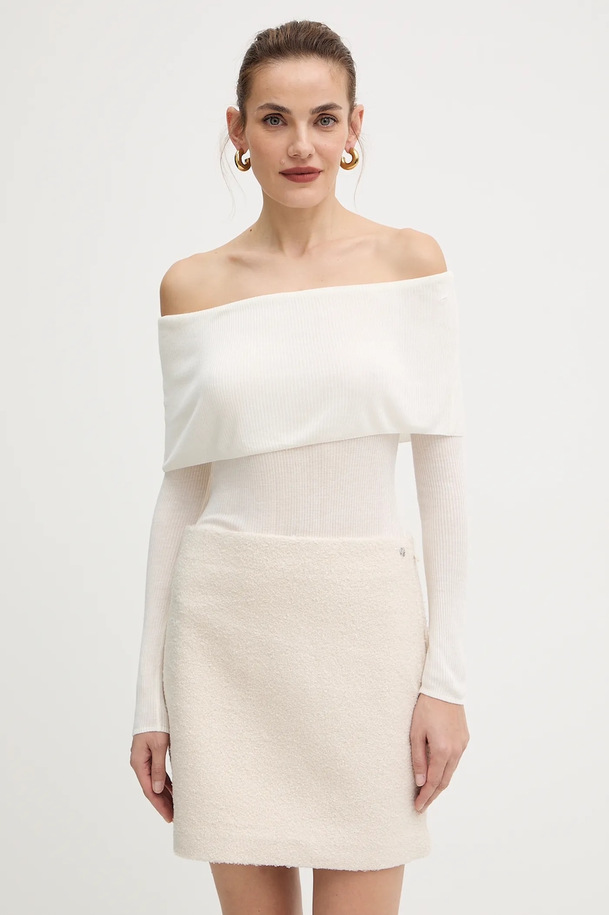 Tričko s dlouhým rukávem Guess MELANIE béžová barva, španělský výstřih, W5BR48 Z0612