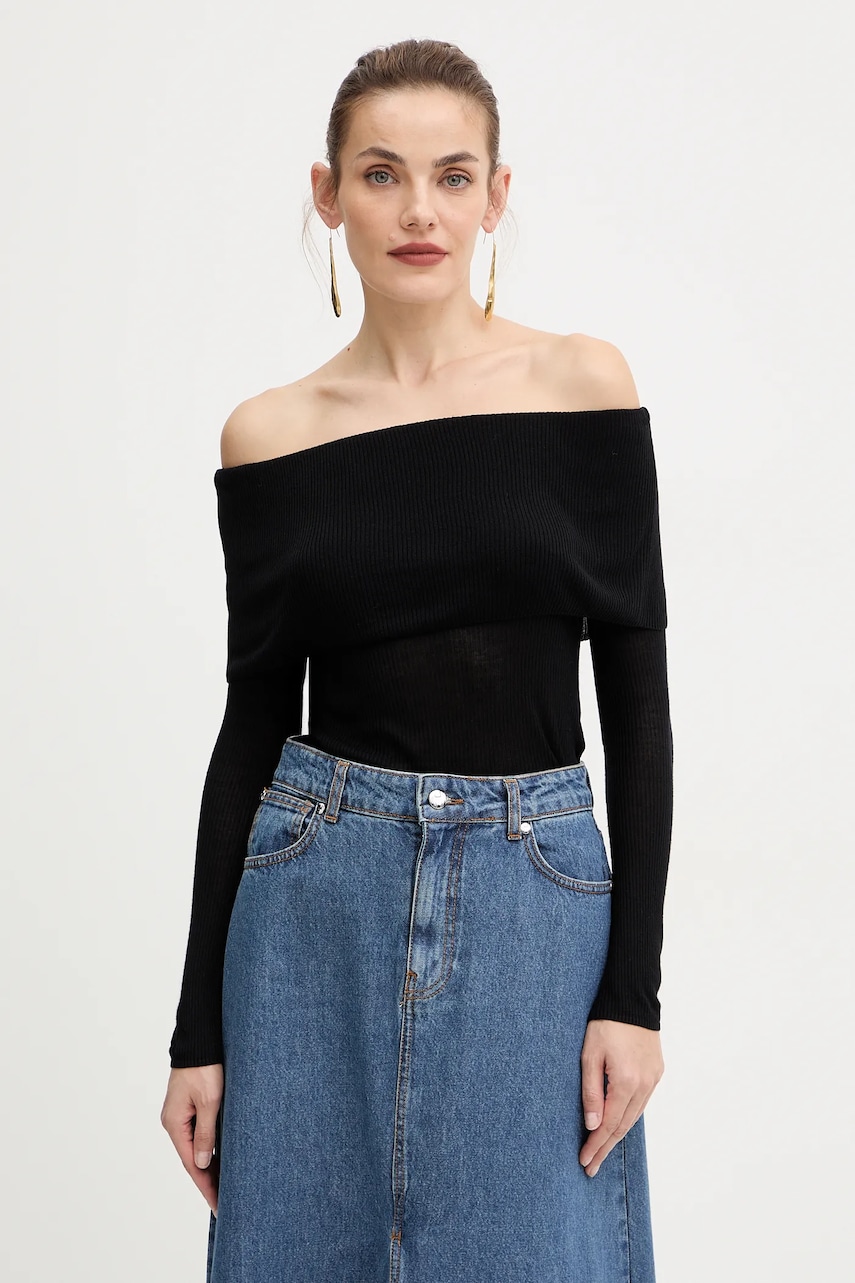 Tričko s dlouhým rukávem Guess MELANIE černá barva, španělský výstřih, W5BR48 Z0612