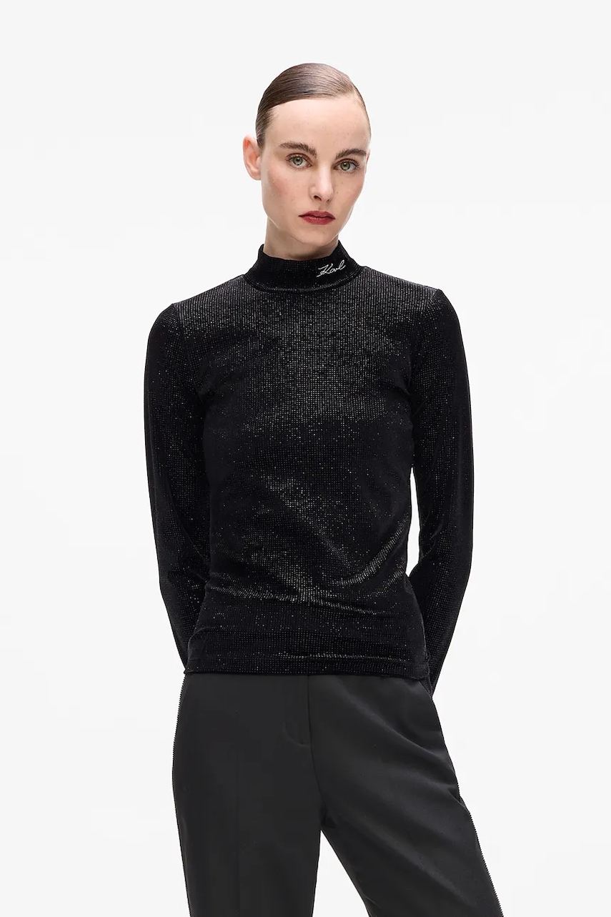 Tričko s dlouhým rukávem Karl Lagerfeld černá barva, s pologolfem, A4W17047