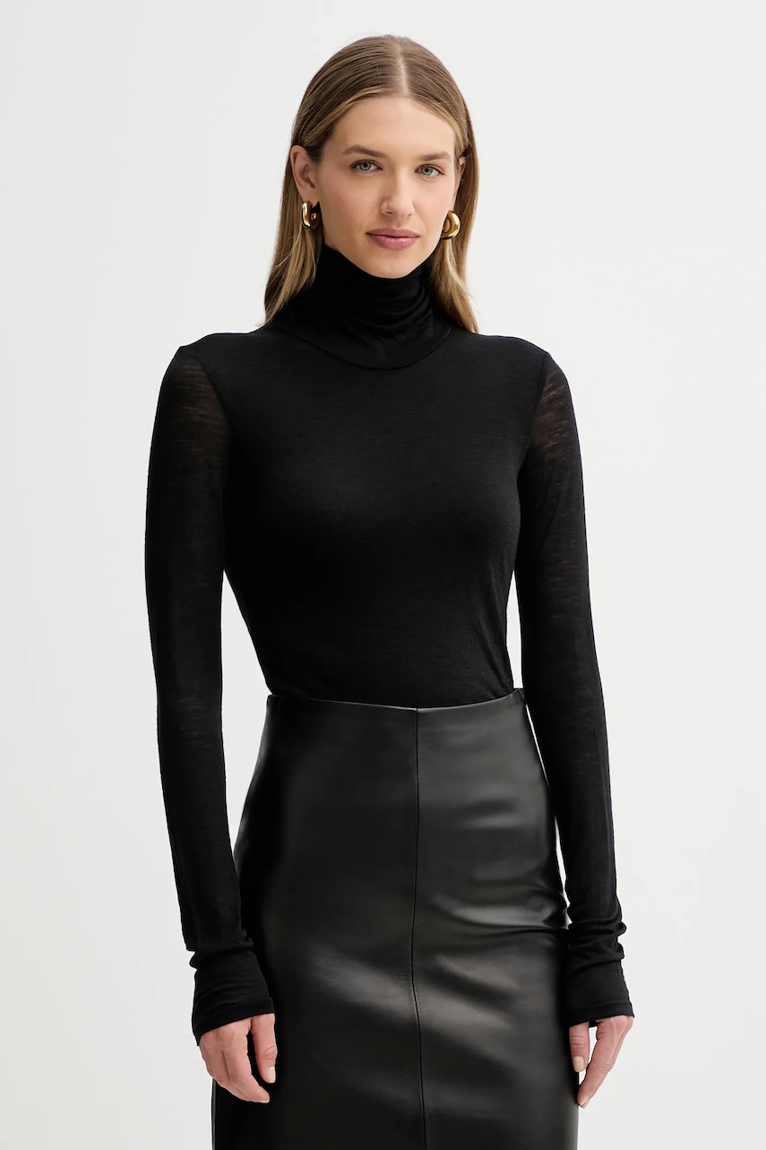 Tričko s dlouhým rukávem s přídavkem vlny Liviana Conti černá barva, s golfem, L5WH36