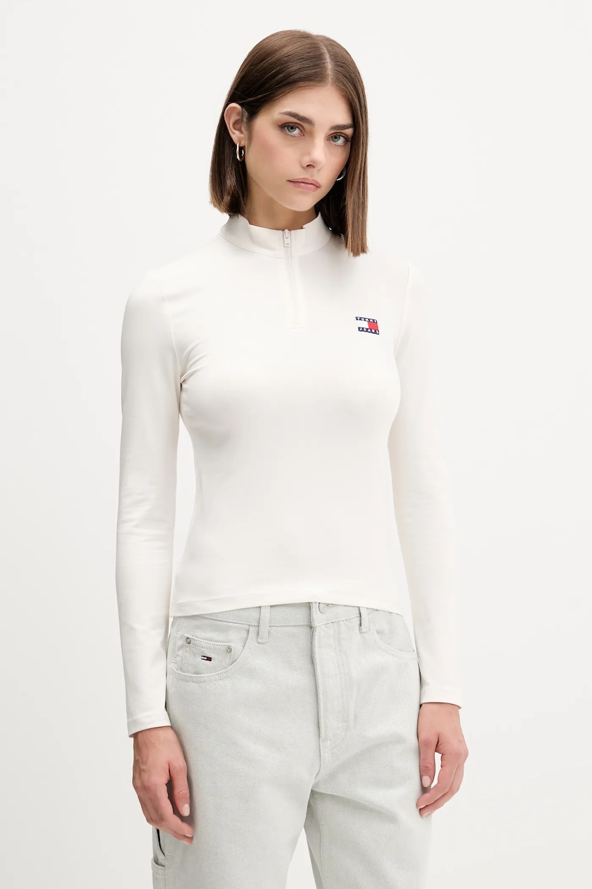 Tričko s dlouhým rukávem Tommy Jeans béžová barva, s pologolfem, DW0DW21567