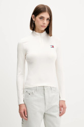 Tričko s dlouhým rukávem Tommy Jeans béžová barva, s pologolfem, DW0DW21567