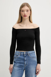 Tričko s dlouhým rukávem Tommy Jeans černá barva, cold shoulder, DW0DW20919