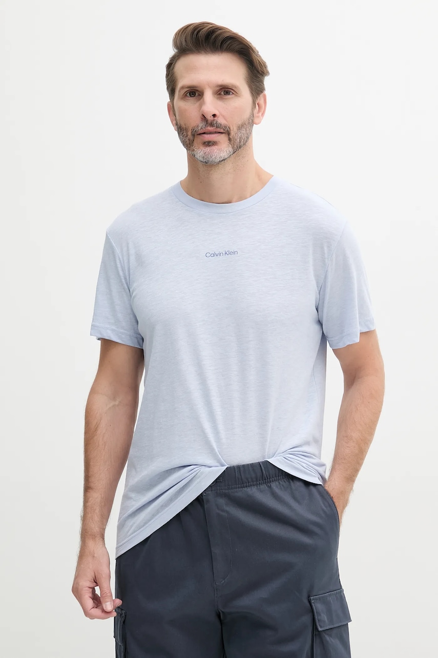 Tričko s příměsí lnu Calvin Klein pánské, modrá barva, s potiskem, KM0KM01138