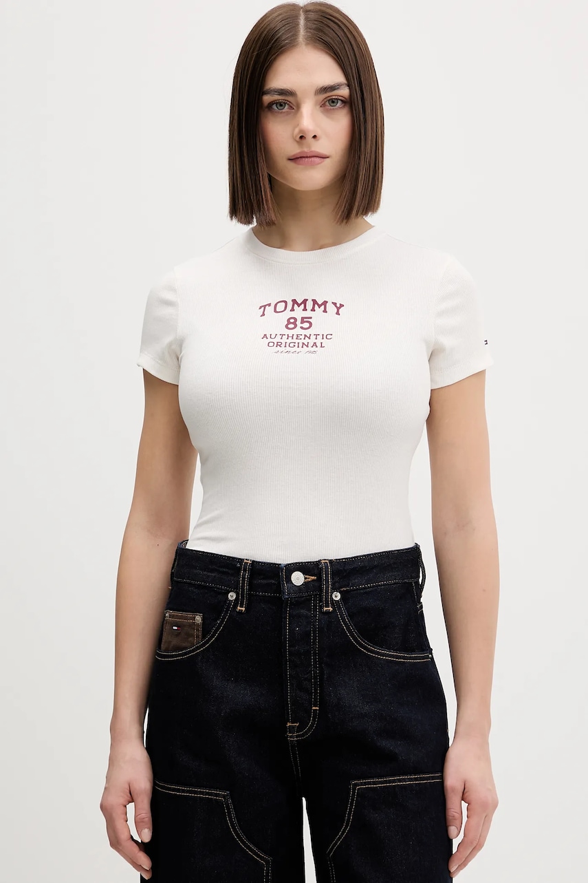Tričko Tommy Jeans dámské, béžová barva, DW0DW21849