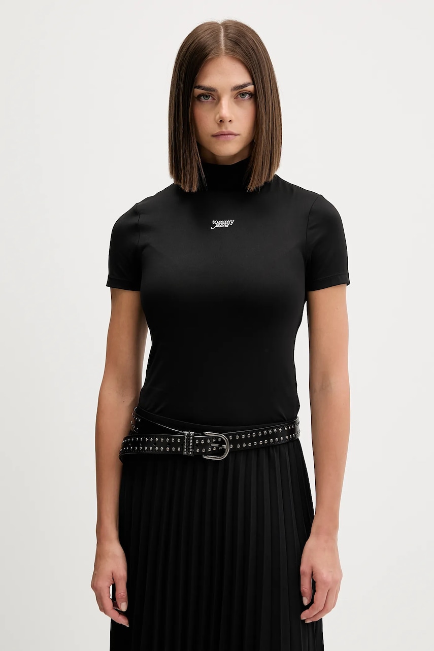 Tričko Tommy Jeans dámské, černá barva, s pologolfem, DW0DW21563