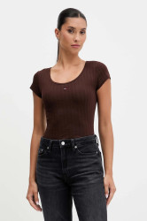 Tričko Tommy Jeans dámské, hnědá barva, DW0DW21570