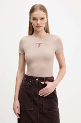 Tričko Tommy Jeans dámské, hnědá barva, DW0DW21787