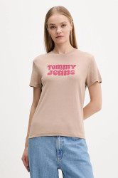 Tričko Tommy Jeans dámské, hnědá barva, DW0DW21956