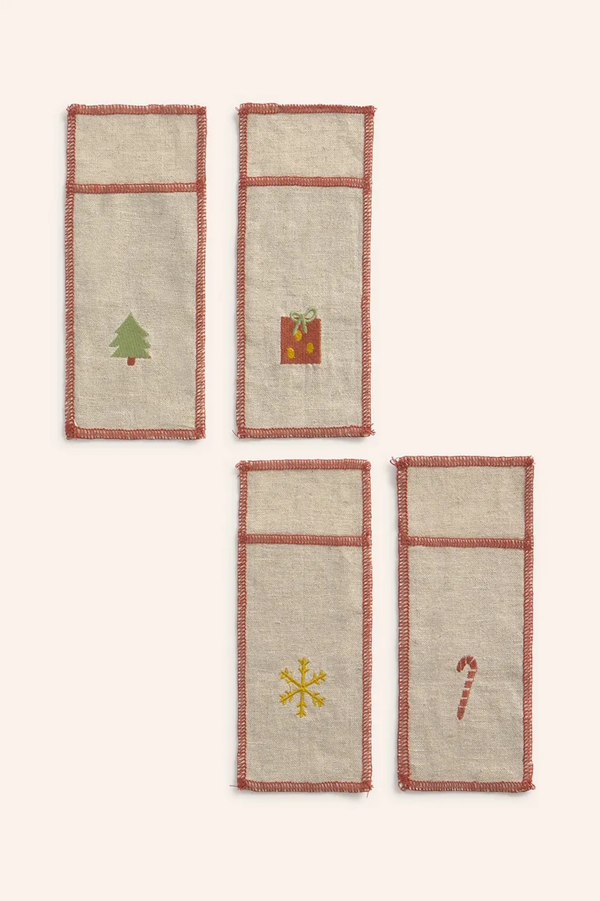 Vánoční sada obalů na příbory se lnem Calma House Joy 21 x 8 cm 4-pack