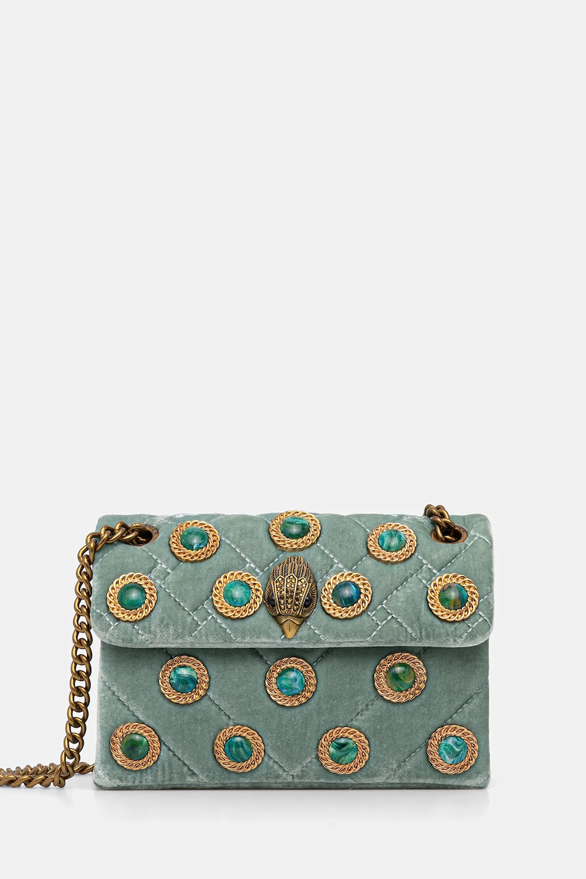Velurová kabelka Kurt Geiger London VELVET MINI KENSINGTON zelená barva, 5018373789