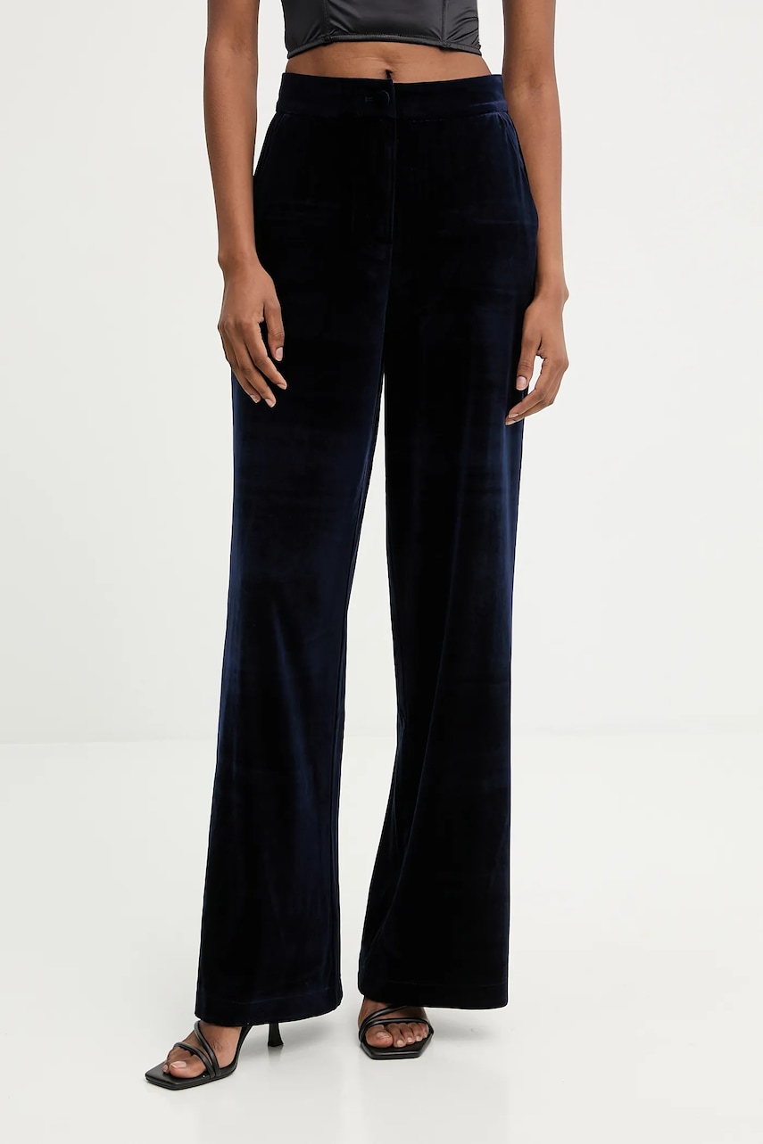 Velurové kalhoty Answear.LAB dámské, tmavomodrá barva, široké, high waist