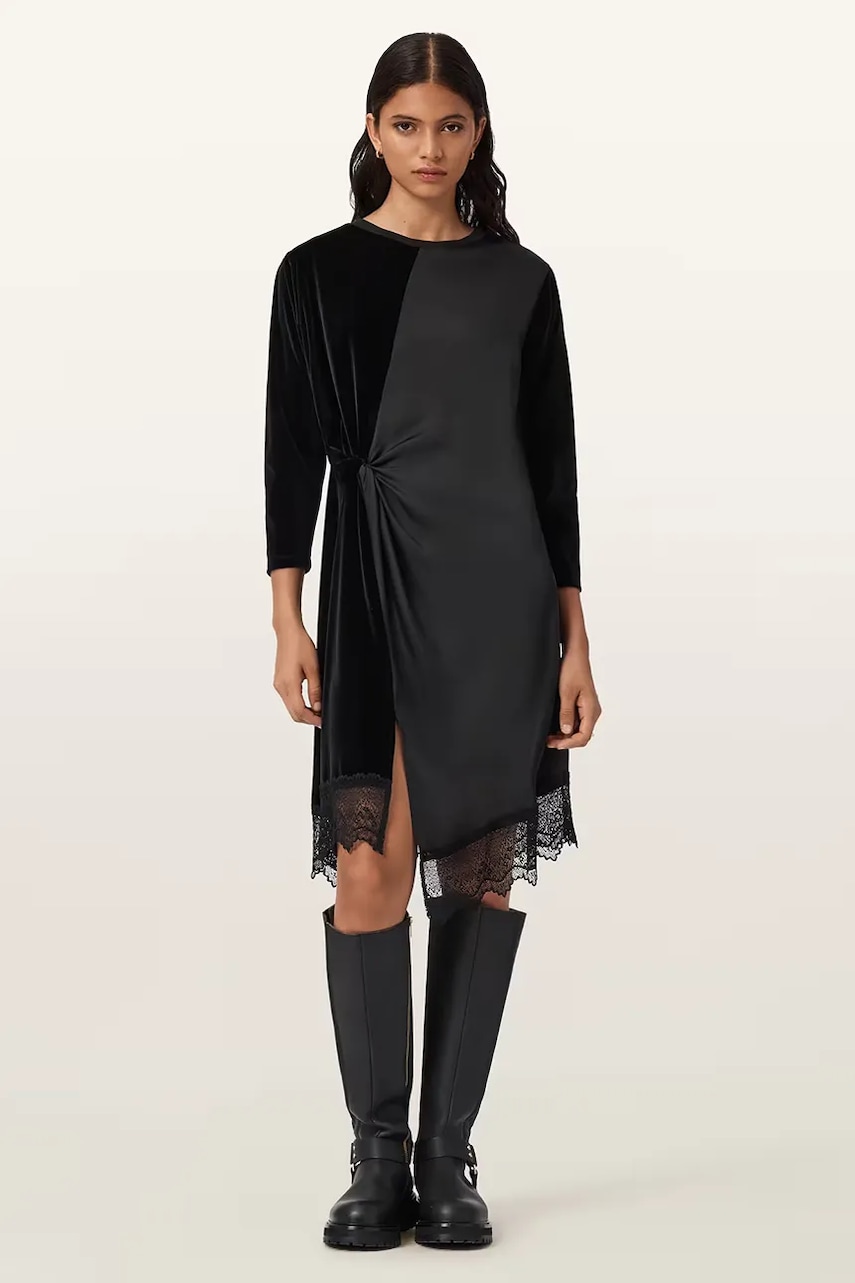 Velurové šaty AllSaints černá barva, mini, W211DD