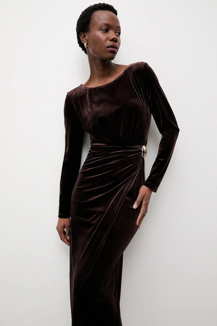 Velurové šaty Answear.LAB hnědá barva, maxi, přiléhavé