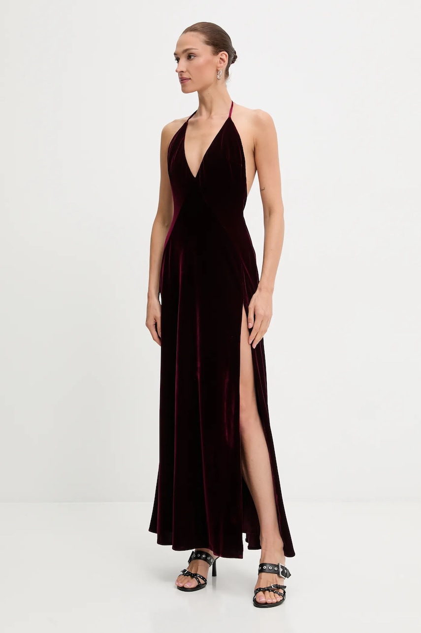 Velurové šaty Bardot vínová barva, maxi, 59315DB2