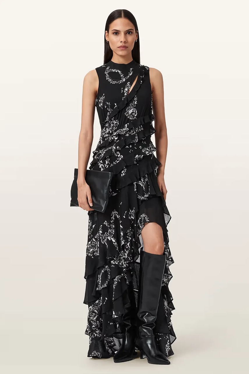 Viskózové šaty AllSaints CADY černá barva, midi, W004DD