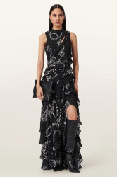 Viskózové šaty AllSaints CADY černá barva, midi, W004DD