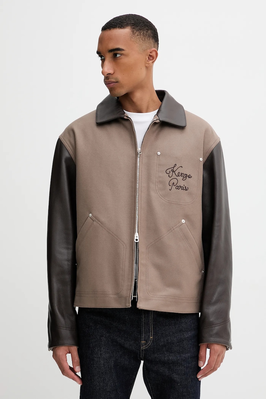 Vlněná bunda Kenzo hnědá barva, přechodná, FF68BL1519OH