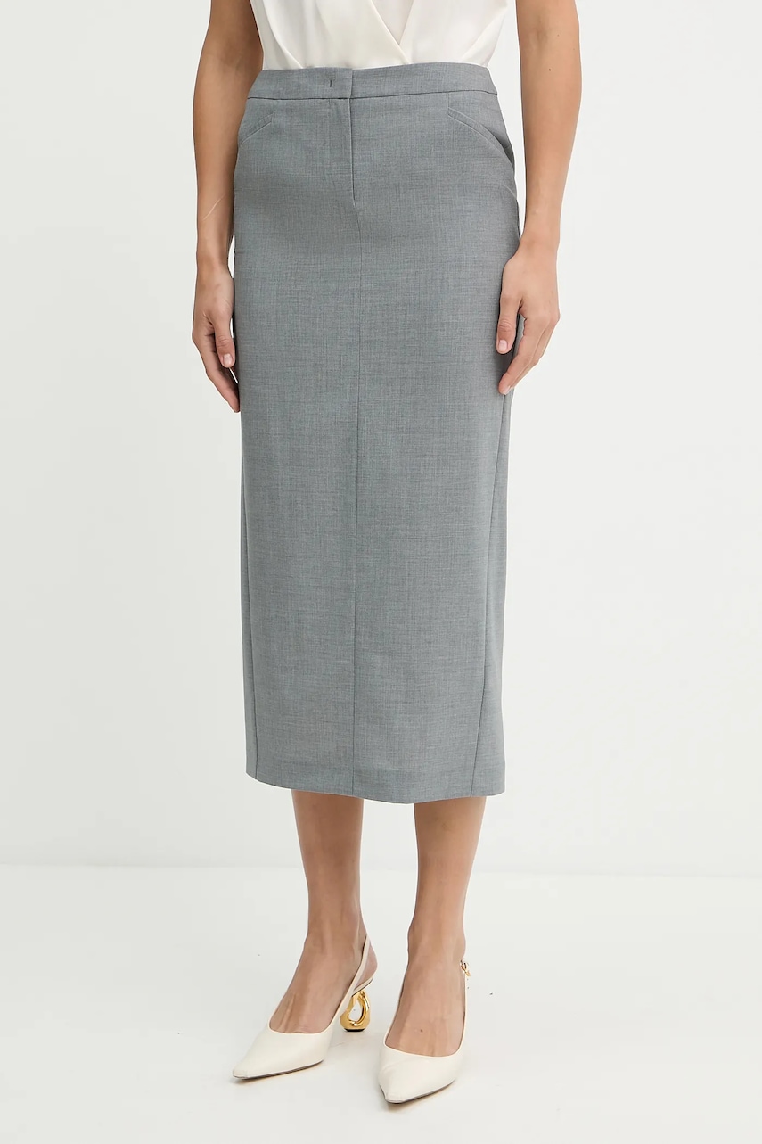 Vlněná sukně BOSS Vulera šedá barva, midi, 50541977