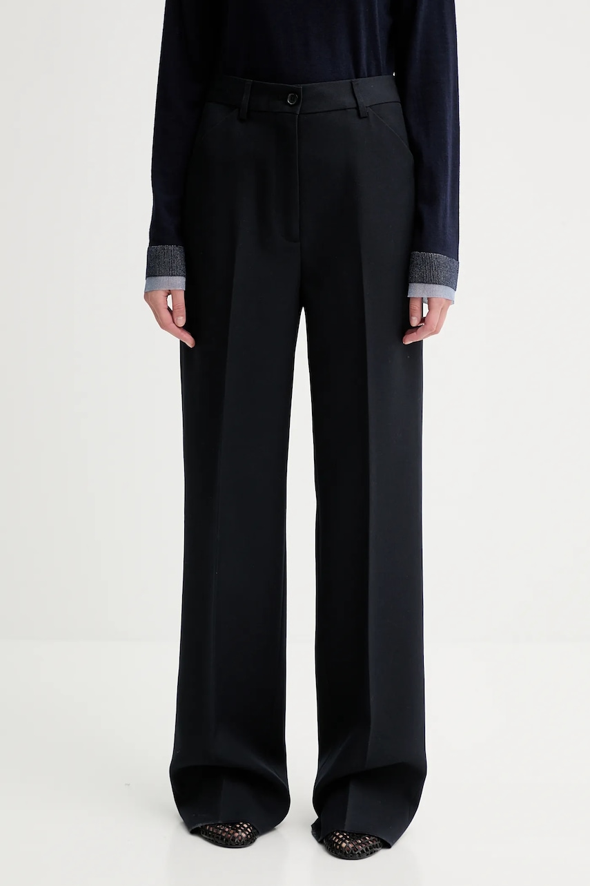 Vlněné kalhoty Bally dámské, tmavomodrá barva, široké, high waist, WTR03W