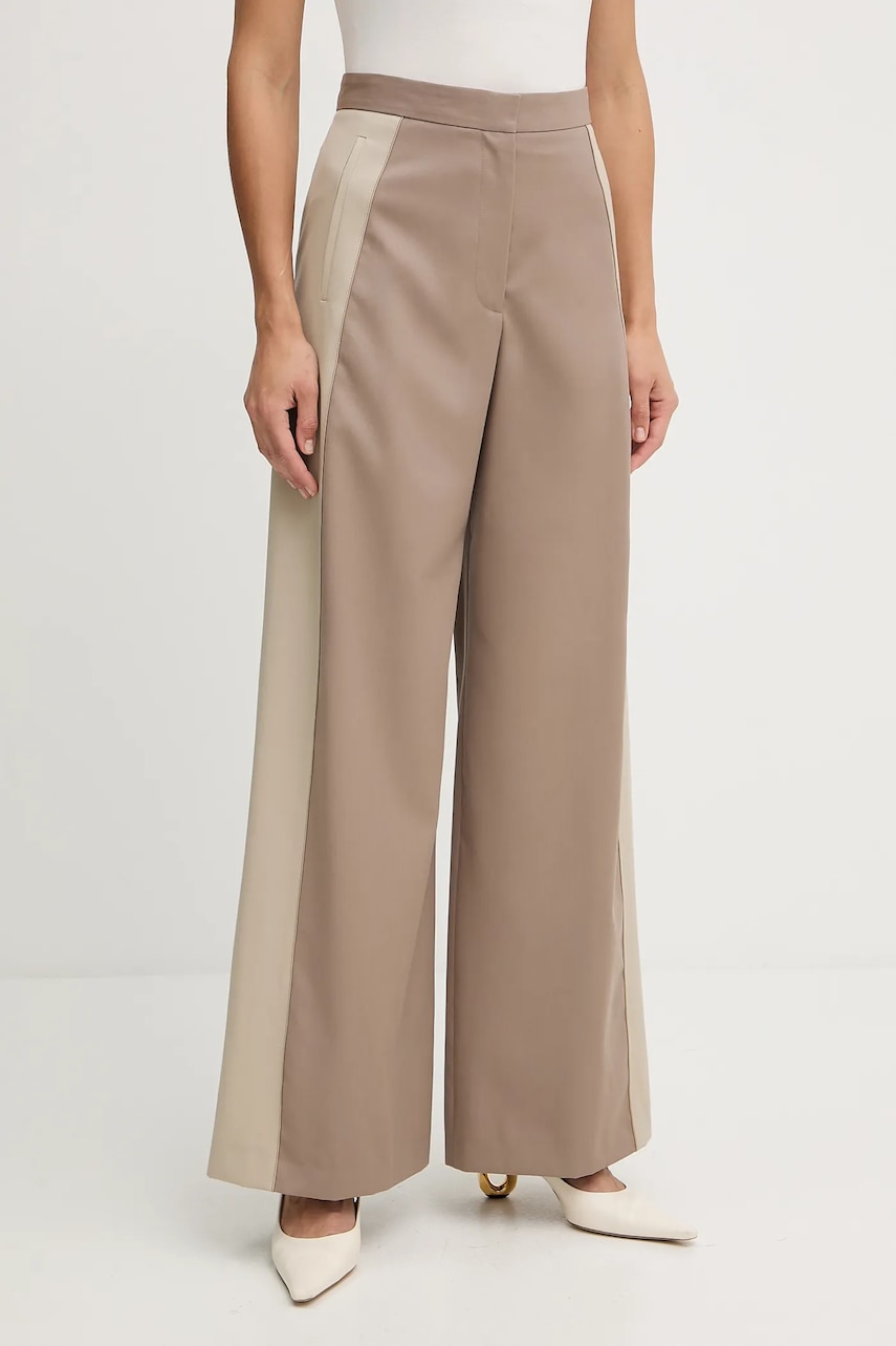 Vlněné kalhoty BOSS Tianal dámské, béžová barva, široké, high waist, 50543410