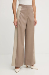 Vlněné kalhoty BOSS Tianal dámské, béžová barva, široké, high waist, 50543410