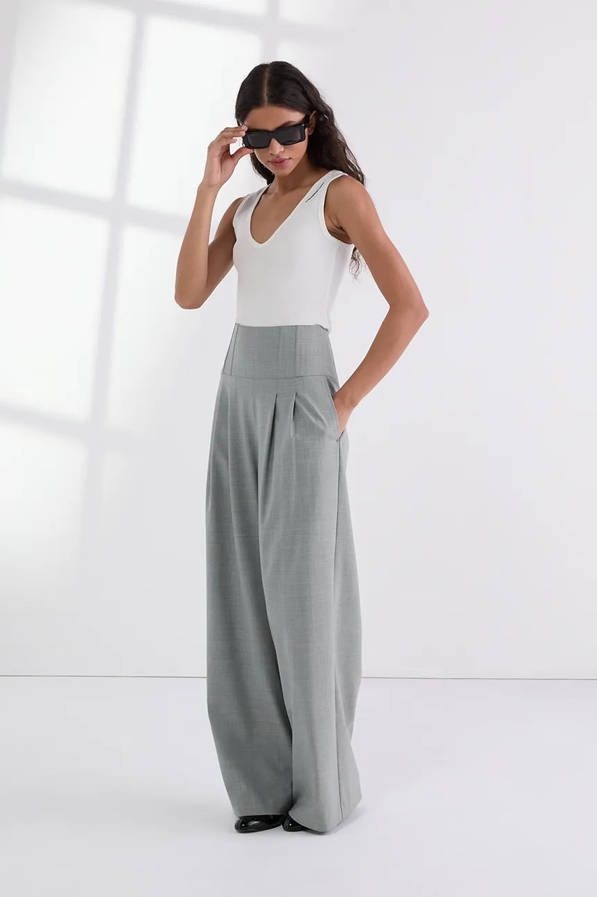 Vlněné kalhoty Karl Lagerfeld dámské, šedá barva, široké, high waist, A3W10100